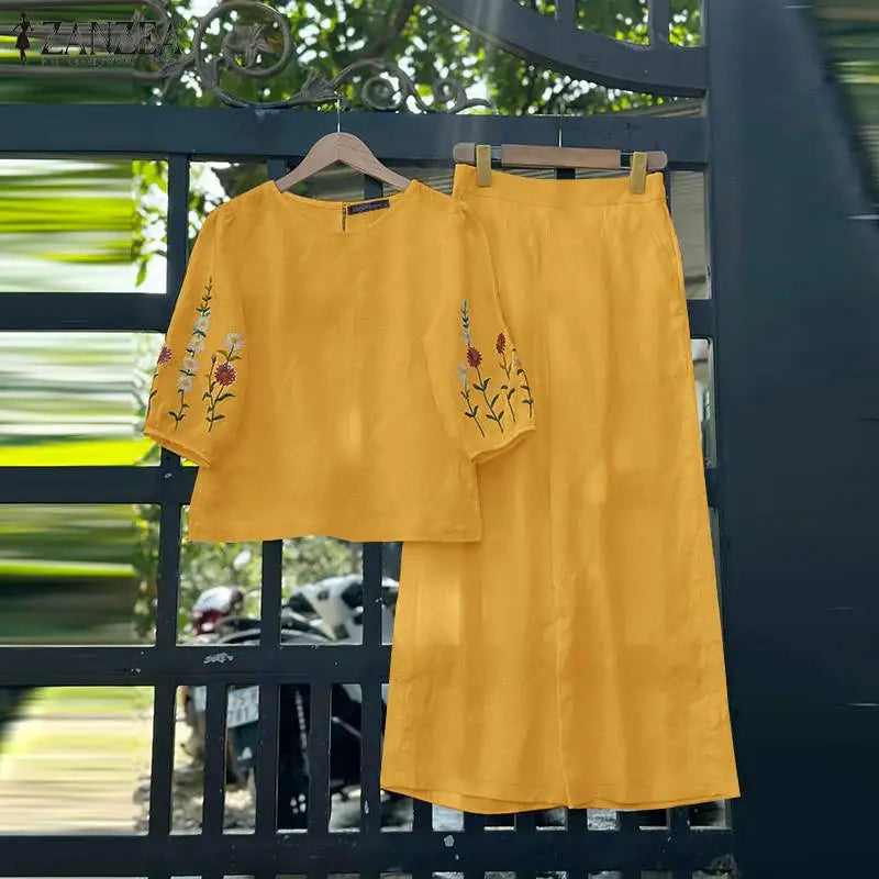 ZANZEA Fashion Women 3/4 Sleeve Embroidery Blouse Pants Sets Autumn 2PCS Floral Tracksuit Casual Loose Wide Leg Trousers Suits.