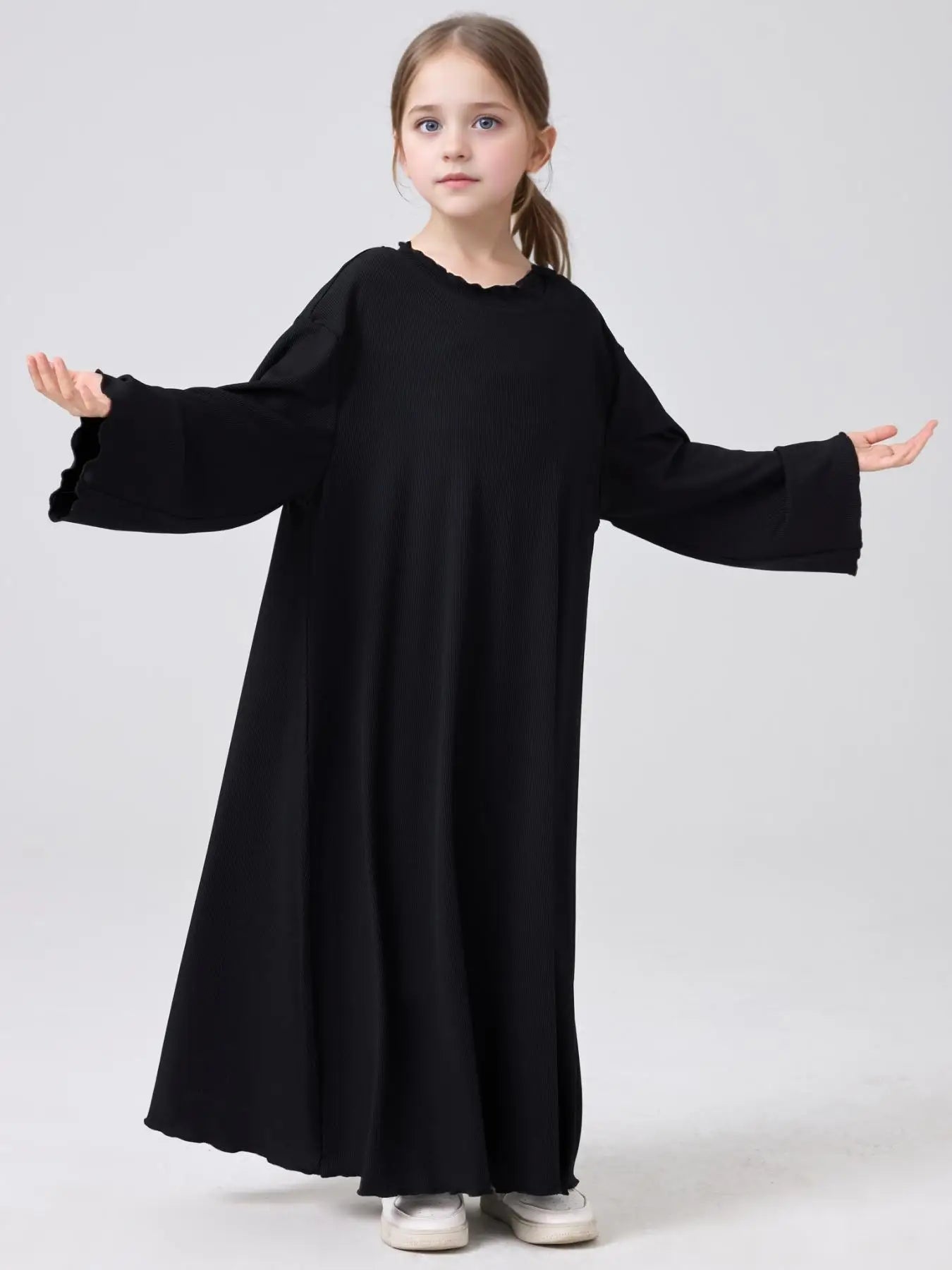 Middle Eastern Muslim Girls Princess Knitted Dress Wavy Edge Solid Color Robe.
