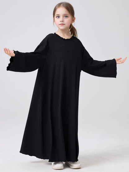 Middle Eastern Muslim Girls Princess Knitted Dress Wavy Edge Solid Color Robe.
