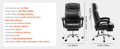 VEVOR Chefsessel Bürostuhl Drehstuhl mit hoher Rückenlehne & Fußstütze & Lendenkissen, ergonomischer Schreibtischstuhl mit 135° Neigung und einstellbarer Höhe, für Arbeit Arbeitszimmer Spielen