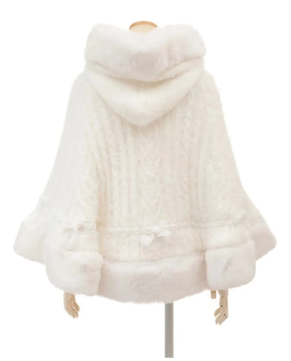 Japanische Liz Süße Prinzessin Faux Kaninchen Fell Cape Mantel Frauen Herbst Winter Pelz Jacke Lose Uhr Strass Bogen Mit Kapuze Mantel