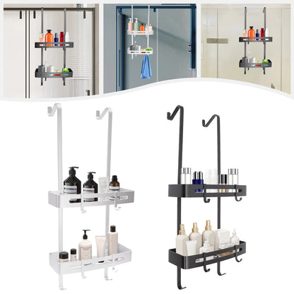 2-stufiges Badezimmerregal, hängendes Duschregal, silberfarbenes/schwarzes Regal, 6 Haken für Badezimmer, Küche, Wohnzimmer