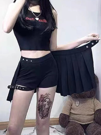 AltGoth Punk Mall Goth Shorts Skirt Women Y2k E-girl Streetwear Harajuku Leg Ring Buckle Detachable High Waist Emo Alt Clubwear.