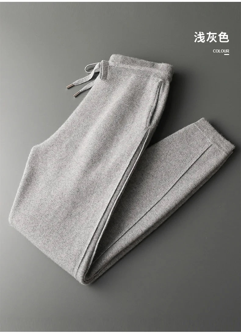 Thickened Four-Point Split Wear-Resistant 100% Cashmere Knitted Pants for Men with Pockets Elastic Waist Drawstring Slim Pants.