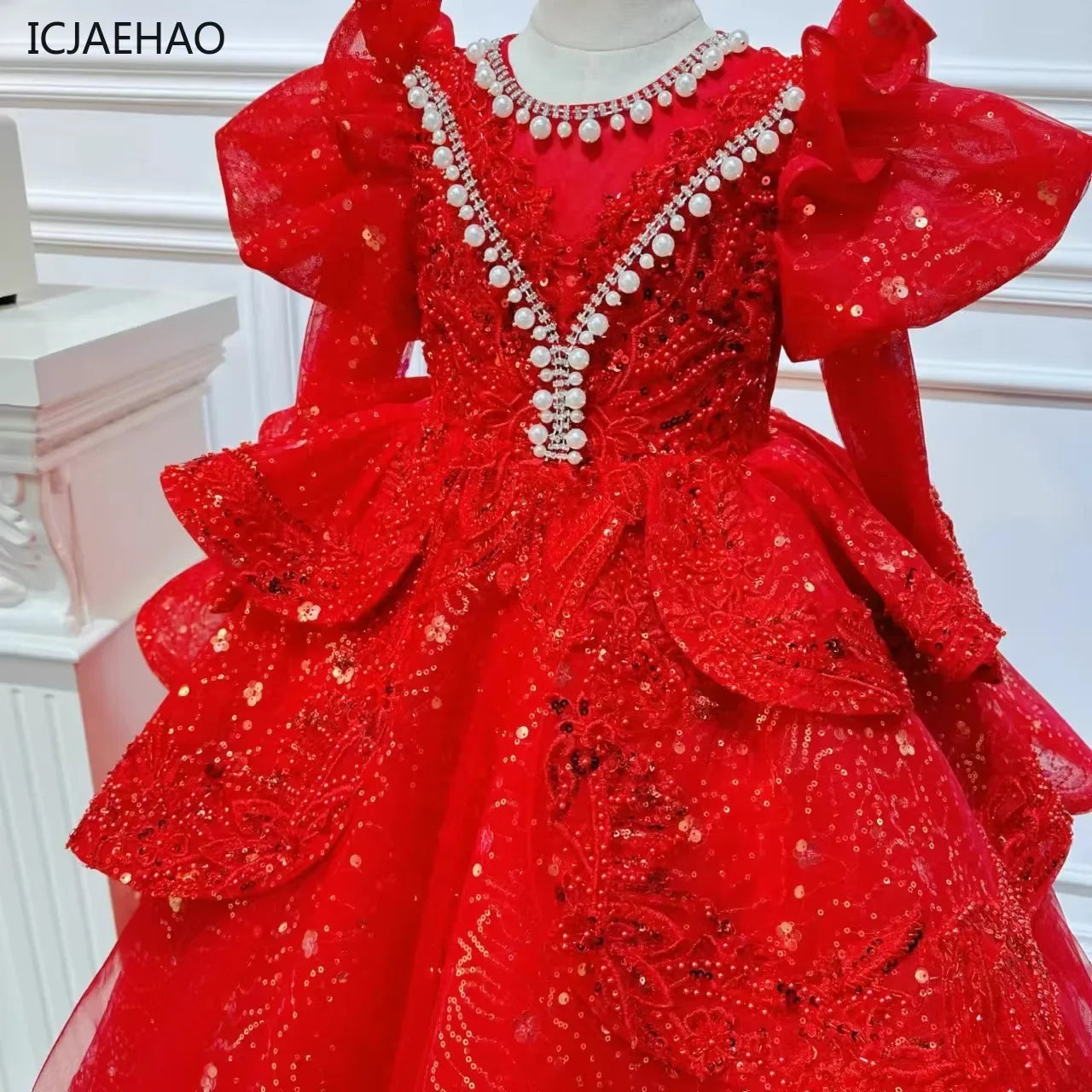 2025, Kinderkleid, Performance-Outfit, Mädchen, Blumenmädchen, Geburtstag, Prinzessinnenkleider, glitzernde Pailletten, bauschiges Kleid, rote Partykleidung für Kinder.