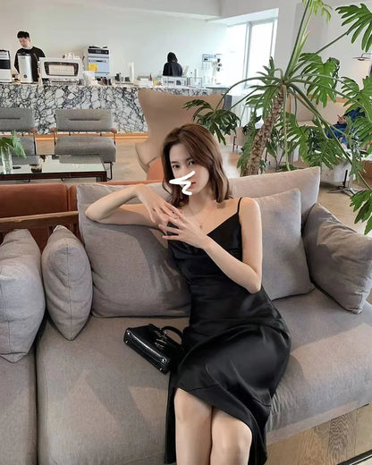 Chiffon-Stoff, Neckholder, mittellanges Kleid für Damen, Sommer, neuer sanfter Stil, schlankmachende Taille, A-Linien-Rock, Polyesterfaser, ärmellos