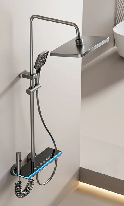 Graues Duschsystem mit Umgebungslicht, intelligentes digitales Duscharmatur-Set, Temperaturanzeige, Regen-Badezimmer-Duschset
