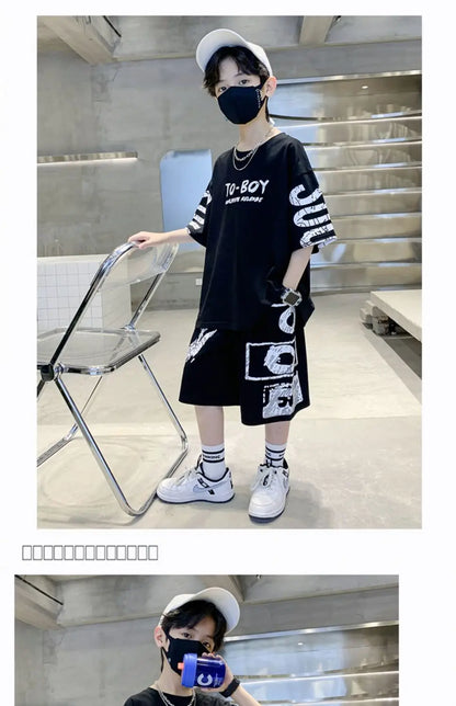 Boys Summer Trendy Casual Sports 2pcs T-shirts+Pants Suits 3-14 Years Teenage Boys Hip Hop Style Fashion Outfits Clothes Sets.