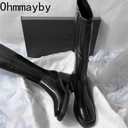 Vintage Thick Heel Women Knee High Boots Fashion Side Zippers Shoes Autumn Winter Ladies Concise Long Botas De Mujer.