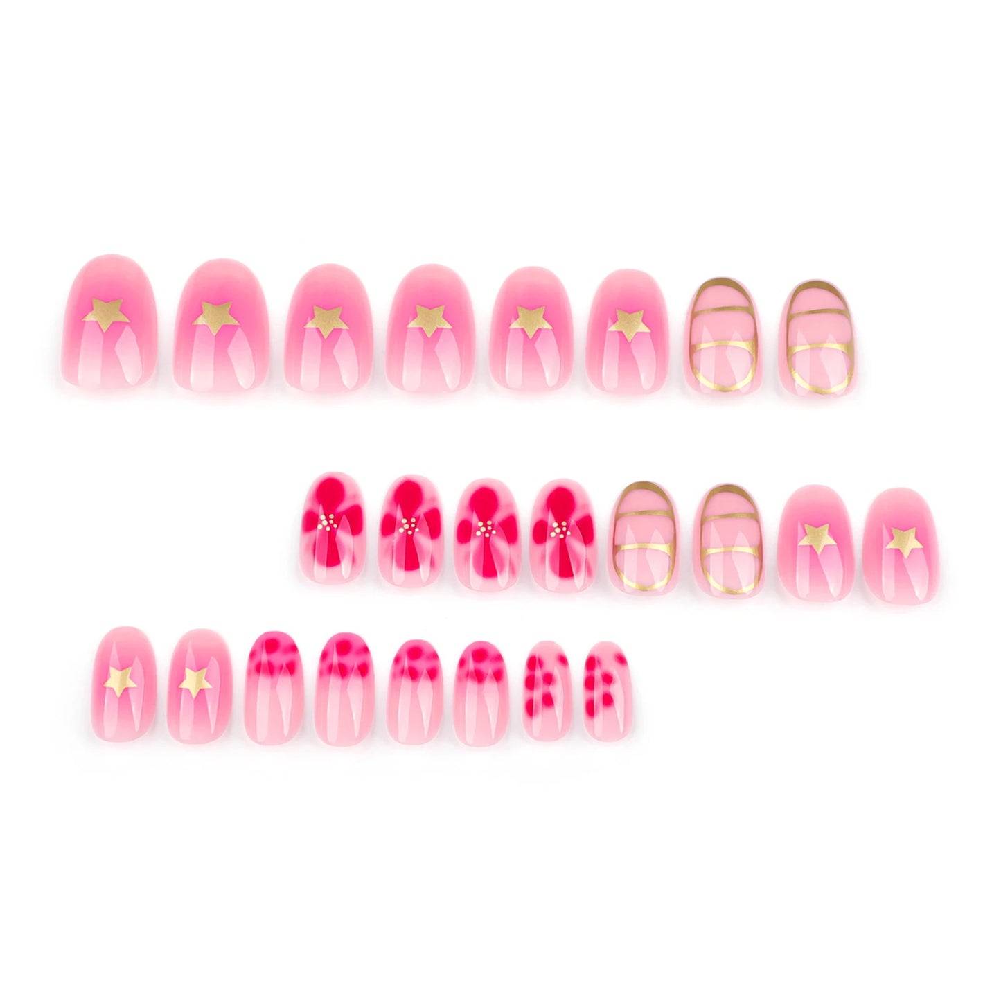 24pcs Sweet Pink Flower Press On Nails Glossy Short Almond Full Cover Stick-on Nails Gold Stripe Blush Artificial False Nails.