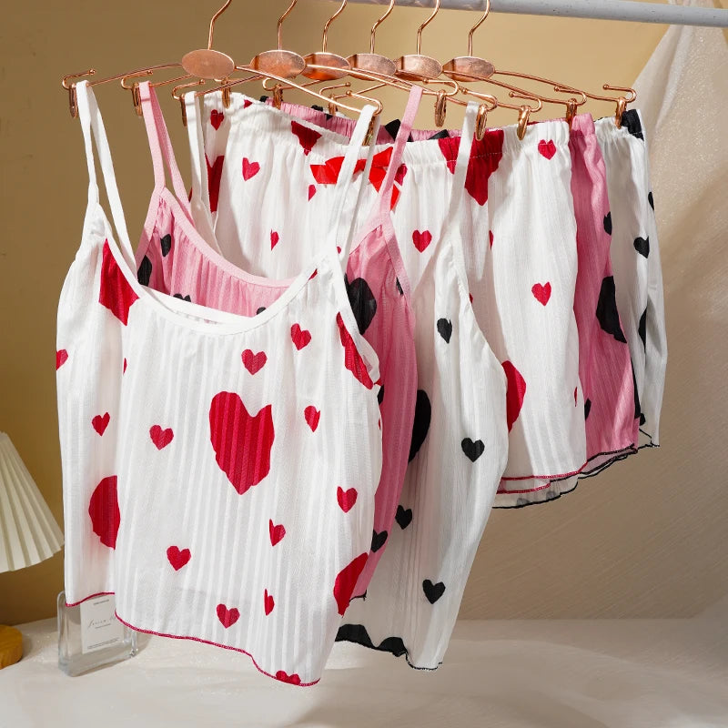 Damen-Pyjama-Set mit Herz-Print, süßes sexy Straps-Top, Shorts, lässiges Heim-Nachtwäsche-Set, bequeme Baumwoll-Loungewear.