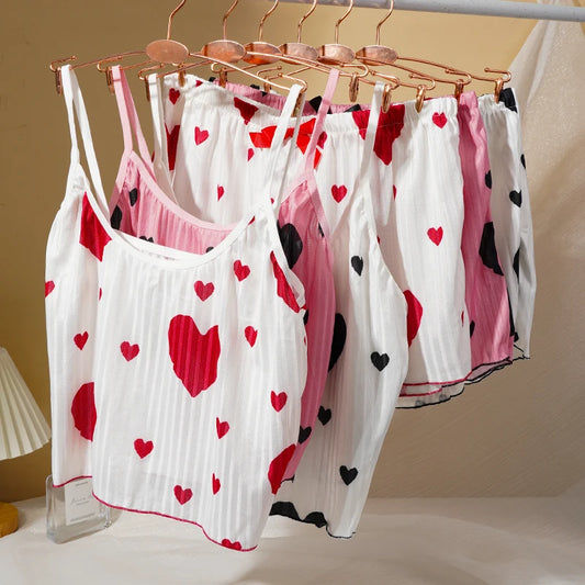Damen-Pyjama-Set mit Herz-Print, süßes sexy Straps-Top, Shorts, lässiges Heim-Nachtwäsche-Set, bequeme Baumwoll-Loungewear.