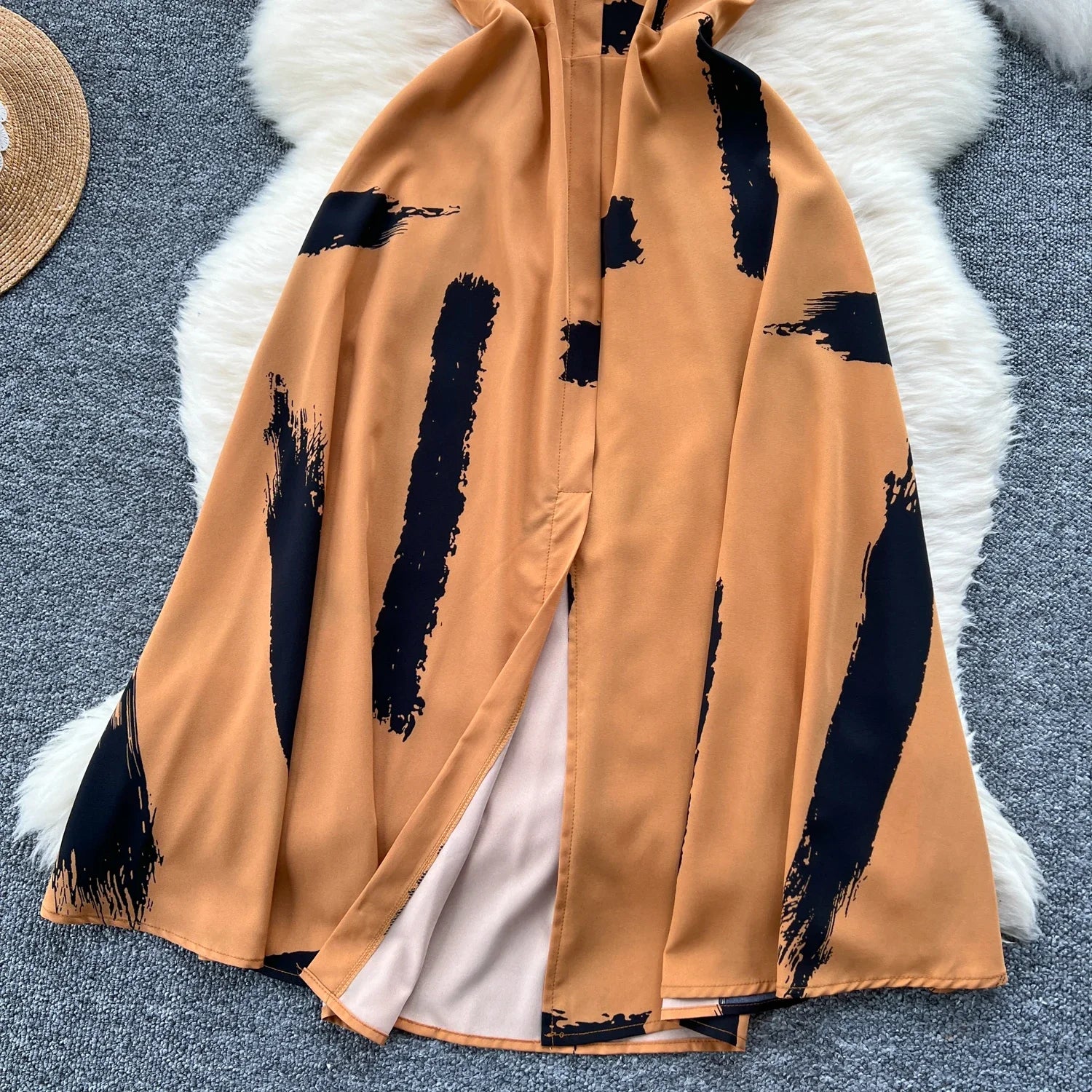 Neue Sommer Druck Süße Kleid Träger O Neck Backless Split Elegante Damen Urlaub Strand Party Midi Sommerkleid.