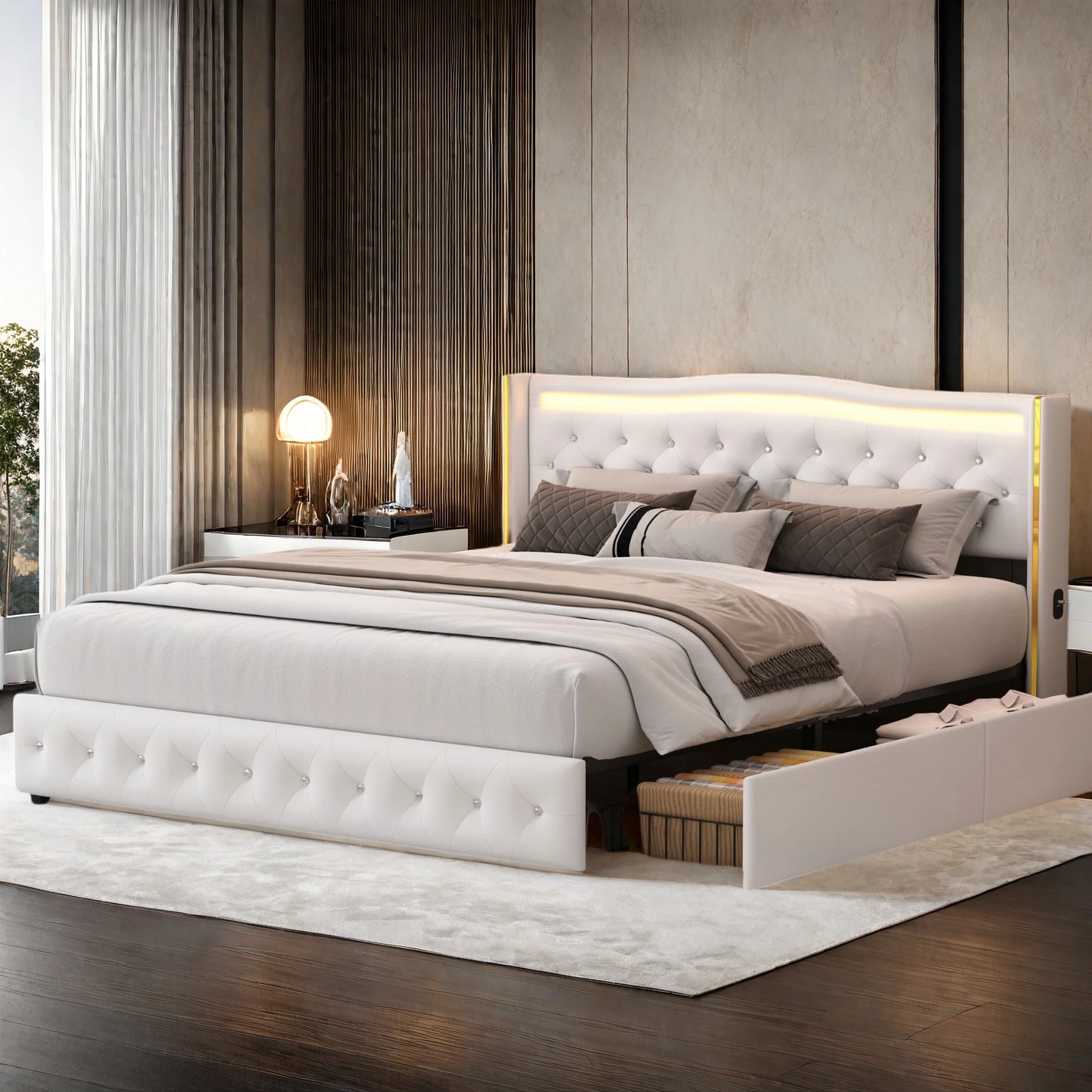 Rosahqnda Modernes Doppelbettgestell aus weißem PU-Leder, vergoldetes Kopfteil mit vier Schubladen ohne Matratze
