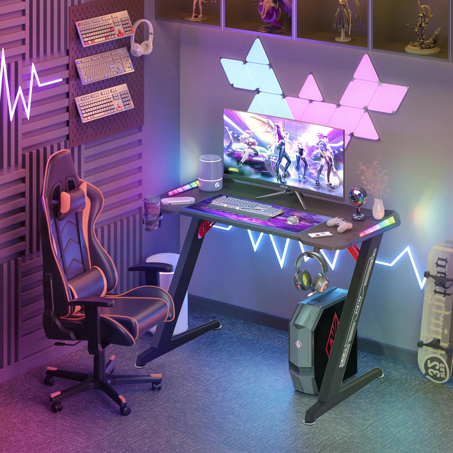 140 cm extra große dynamische RGB-LED-Leuchten, Gaming-Schreibtisch, robust, für Zuhause, Büro, PC, Computertisch, Gamer-Tisch, Metallbeine