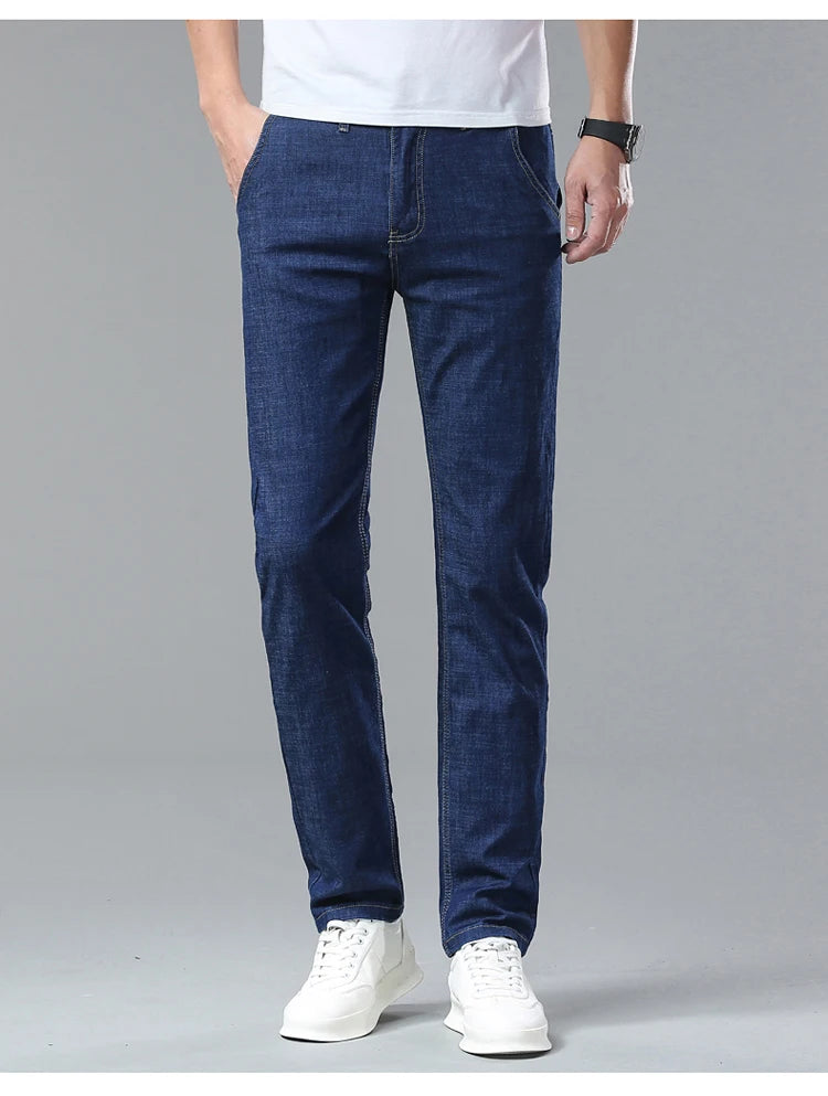 Men's Ice Silk Jeans Summer New Lyocell Thin Business Casual Denim Pants Classic All Match Slim Fit Straight Elastic Jean Male.