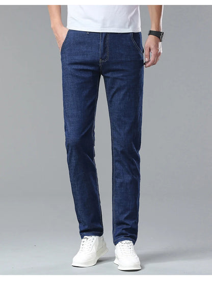 Men's Ice Silk Jeans Summer New Lyocell Thin Business Casual Denim Pants Classic All Match Slim Fit Straight Elastic Jean Male.