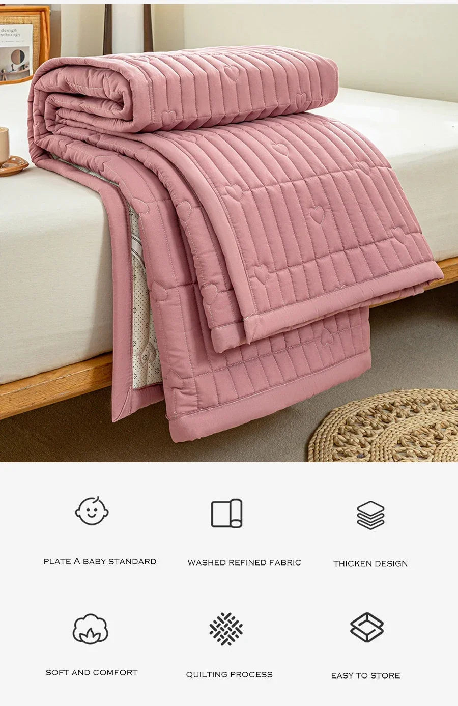 Washed cotton quilted thicken mattress pink romance heart sleeping mat 150cm bed sheet bed protection pad queen king size.