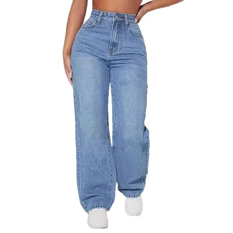 High Waist Straight Leg Jeans Women's Casual Spring Autumn New Style Cross-Border High Waist Wide Leg Jeans Water Washed.