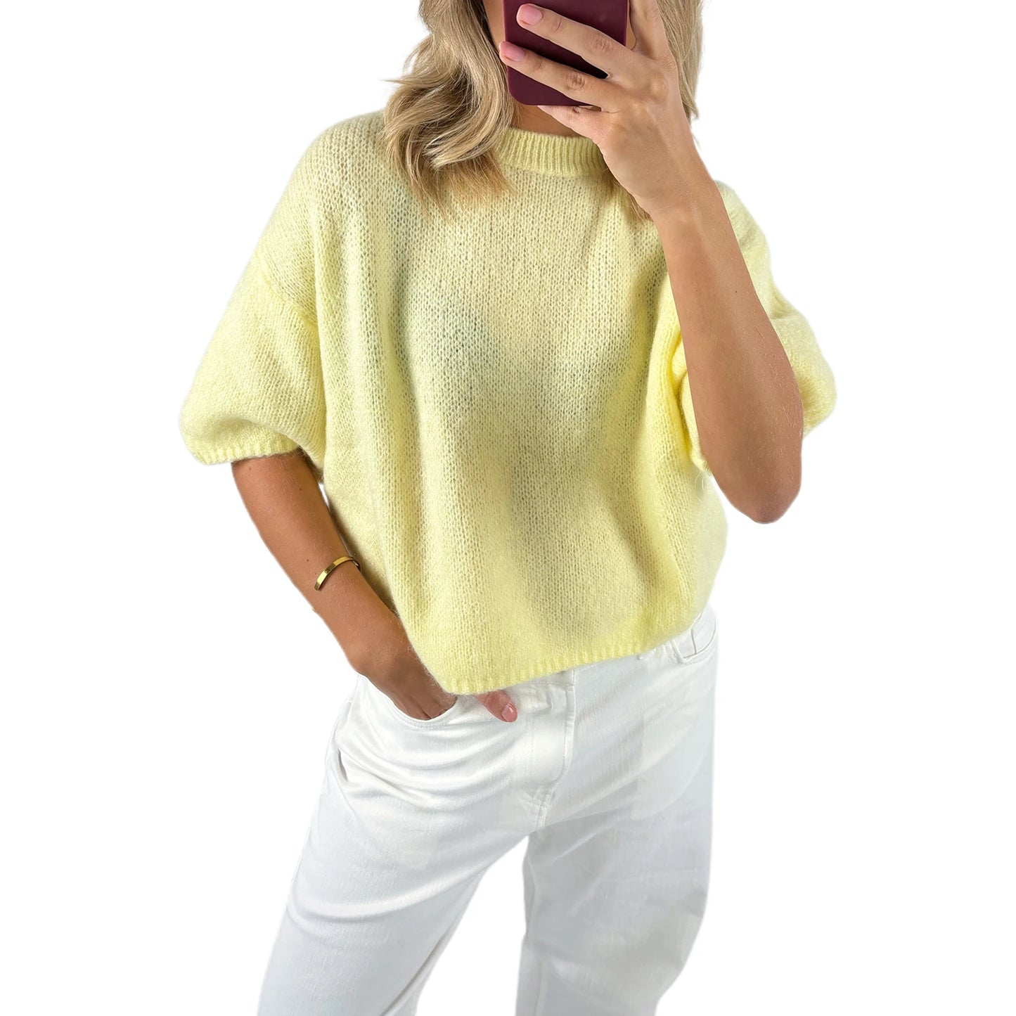 Damen Frühling Herbst Strickpullover Halbarm O Hals Einfarbig Lässige Strickwaren.