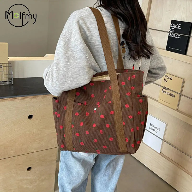 Strawberries Corduroy Handbag Sweet Women's Bag Fashionable Versatile Shoulder Bag Beautiful Simple Commuter Women's Tote Bags.