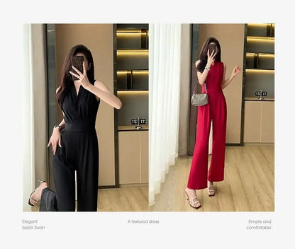 Women's Wide Leg Jumpsuit Pants 2025 Summer New Casual Straight Tube Sports Overalls V-neck Sleeveless Bodysuit For Women Romper.
