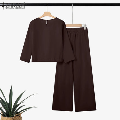 ZANZEA 2025 Women Autumn Matching Sets Solid Outfits Vintage Casual O Neck Long Sleeve Tops Pant Sets Fashion OL Work Tracksuit.