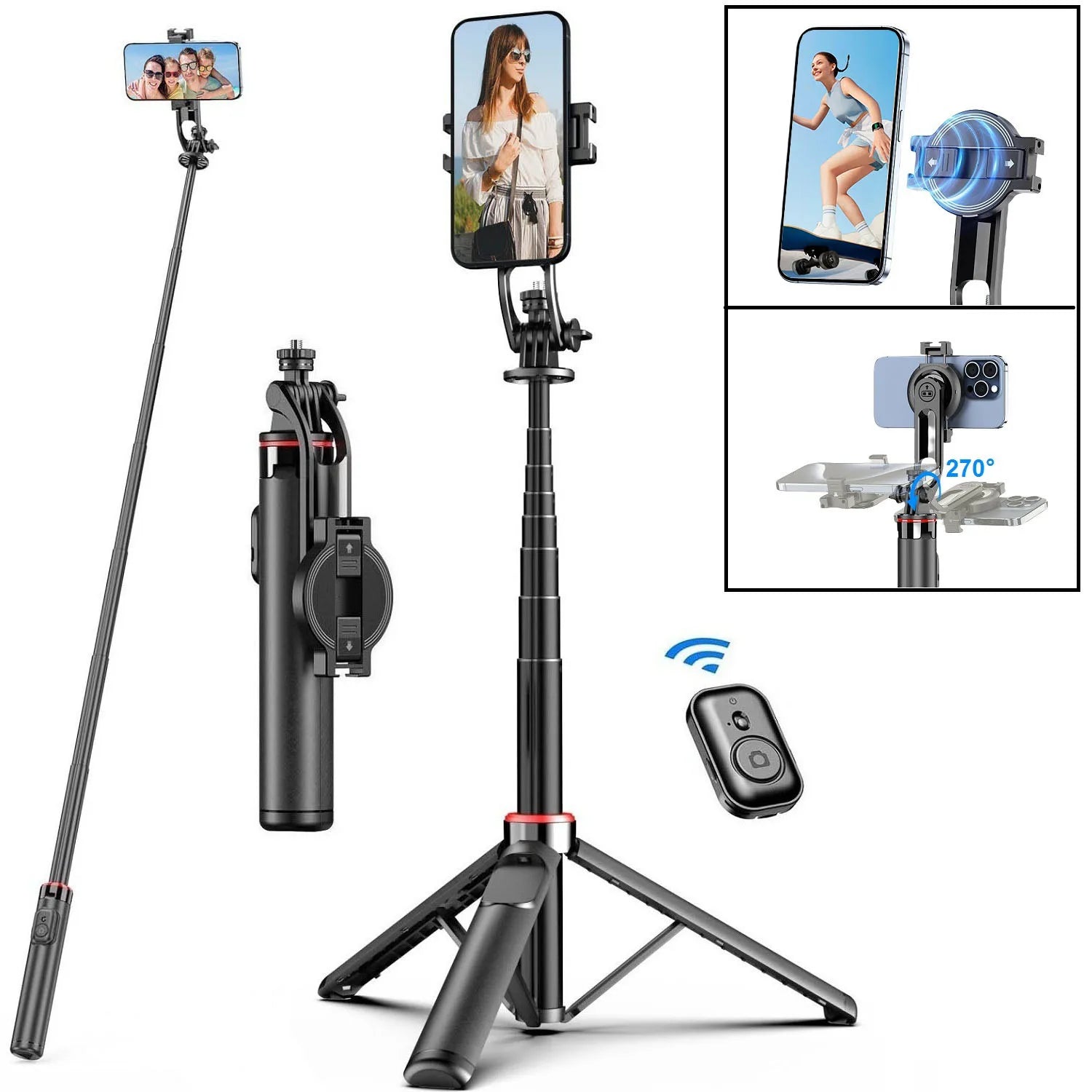 Magnetic Selfie Stick for iPhone Phone Camera 51" Extendable Magsafe Tripod Selfie Stick with Remote for Travel Vlog Videos.