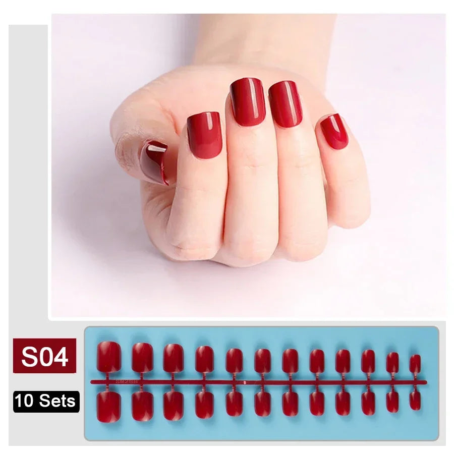 10 Sets/Pack Mixed Solid Colors Coffin Round Square Almond Shape False Nails Full Cover Nail Tips Short Fake Nails Tip Manicure