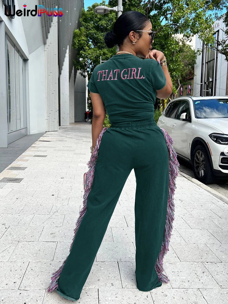 Weird Puss Casual Sporty 2 Piece Set Women Letter Embroidery Crop Tops+Side Tassel Straight Pants Matching Streetwear Tracksuits