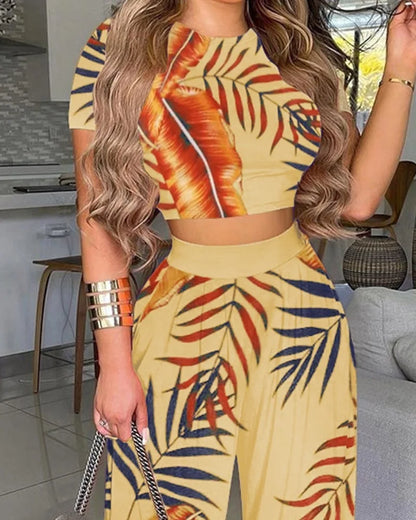 Women Print Pant Sets Two Piece Suit Round Neck Short Sleeve Tops Vests Wide Leg Trousers High Waist Pant Matching Sets Summer.