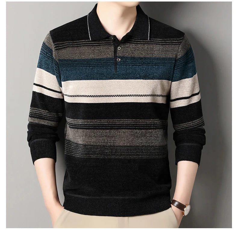 Men's Lapel Knit Pullover Sweater Autumn Winter Thick Warm Tops Casual Polo Collar T-shirt Knitting Polo Sweaters.