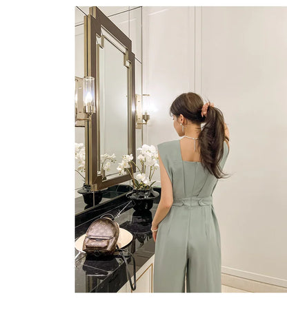 H Han Queen Summer Elegant Business Jumpsuits Women Simple Wide Leg Long Playsuits Korean Sleeveless Casual Rompers Office Lady.