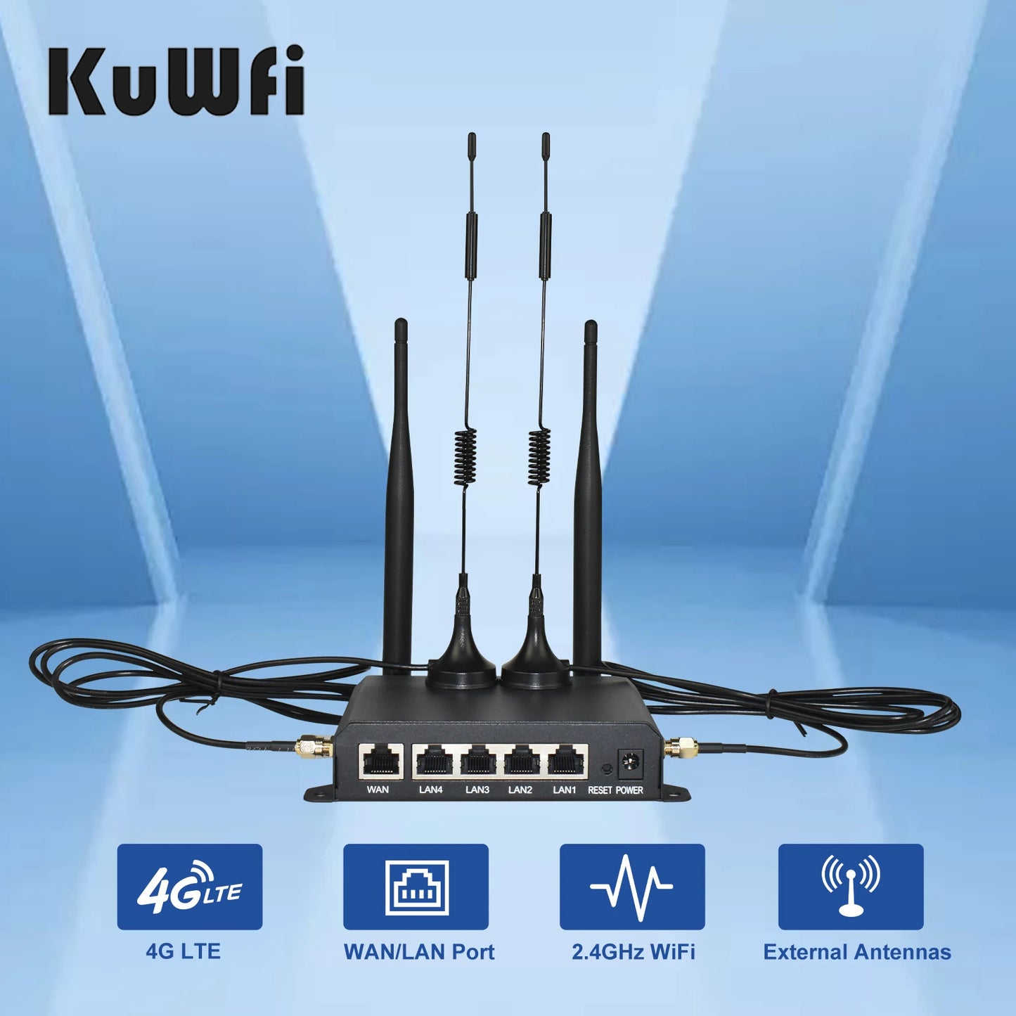 KuWFi 4G LTE WiFi Router 2.4G CAT4 300Mbps RJ45 Port Support VPN DDNS Firewall Function Wall-Mounted External 4pcs Antennas.