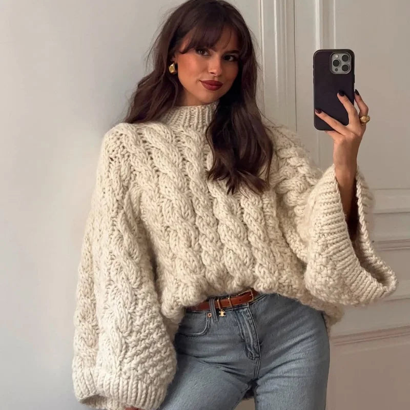 Casual Twists Stricken Oversize-Pullover Frauen Oansatz Lange Flare Hülse Lose Solide Pullover 2025, Herbst Winter Vintage Pullover.