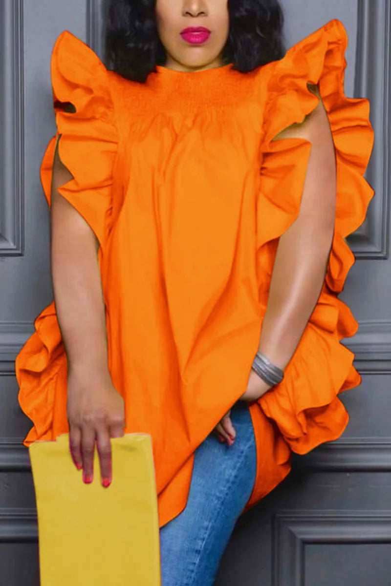 Frauen Rüschen Top Ärmelloses Rundhals Mode Elegante Solide Vintage Fly Hülse Sommer T-shirt für Weibliche Nette Hemd Tops.