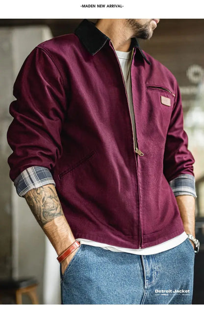 Maden Men's Retro J001 Detroit Jacket Heavyweight Canvas Hunting Coat Lapel Collar Work Jackets with Zipper for Spring Fall