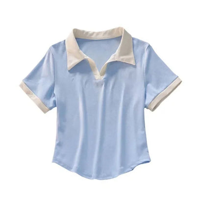 Summer Short Sleeve V-Neck Polo Shirt Women's Short Style Cotton Lycra Ribbed Top Bright Color Block 220g 40 Denier.