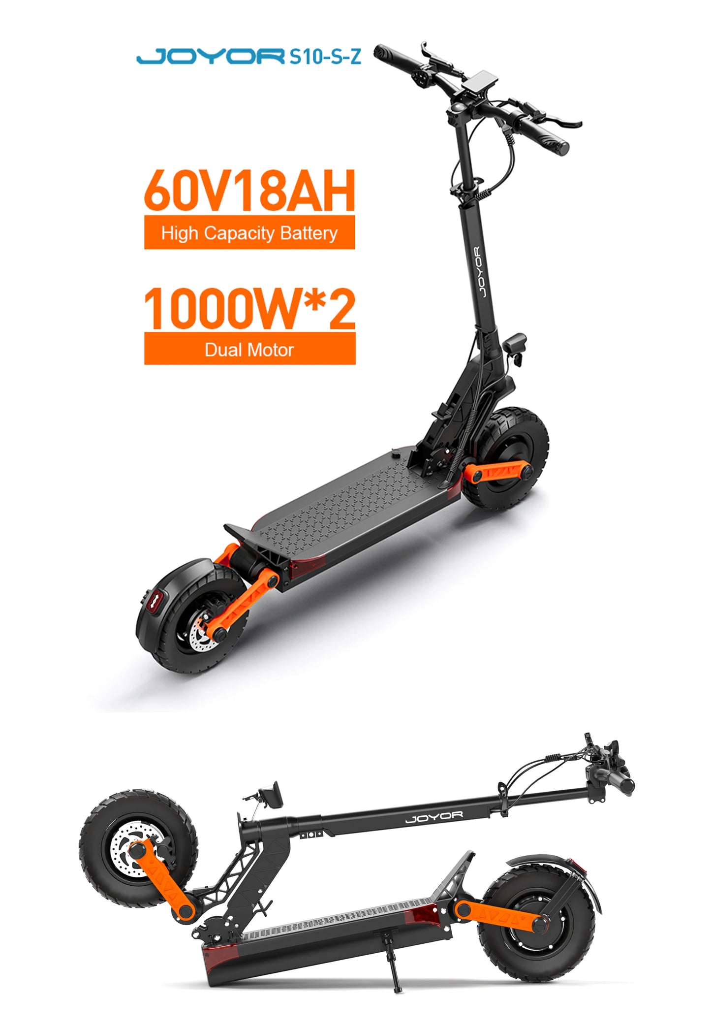 JOYOR S10-S-Z Electric Scooter 60V 18Ah Dual Motor 2000W 10 Inch Tire Adult Escooter 65km/h Max Speed 70-85km Range Black.