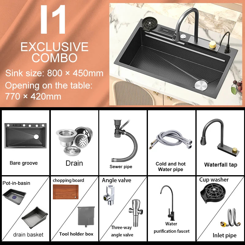 Kitchen Sink Stainless Steel Large Single Slot Multifunctional Tank Wash Basin With Waterfall Faucet Lowe Price