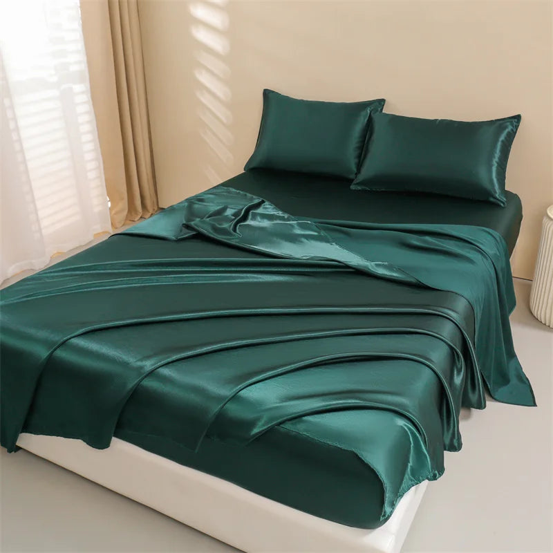 Satin Bed Sheets, Queen Size Sheets Set, 4 Pcs Silky Bedding Set   1 Deep Pocket Fitted Sheet + 1 Flat Sheet + 2 Pillowcases.