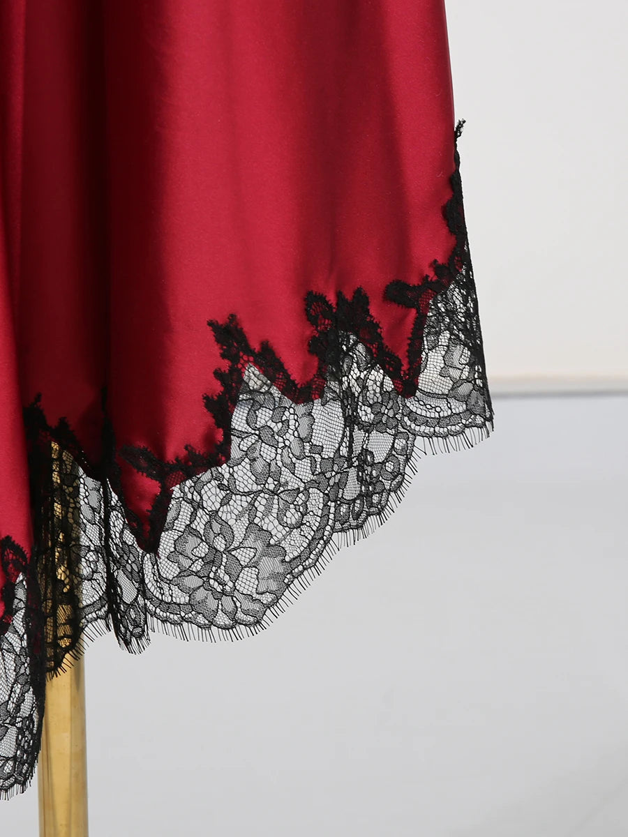 GALCAUR Hit Color Sheer Spliced Lace Elegant Skirts for Women High Waist Patchwork Split Temperament Skirt Female Fashion Style