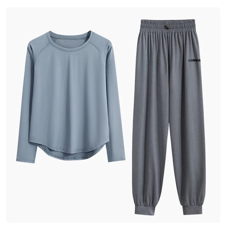 DRUR 2pcs Running Set Women Tracksuit Lightweight Loose Long Sleeve Sport Shirt Pants Sets 2 Piece Sportswear Outfit Gym Clothes.