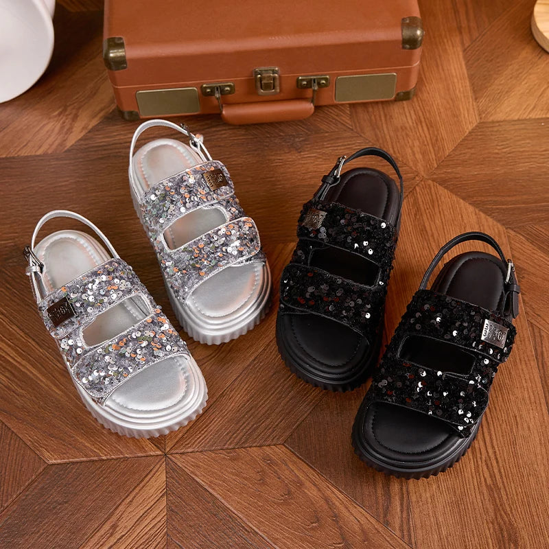 AUTUSPIN 6cm Women Flat Sandals Fashion Platform Ladies Shoes Bling Bling Sequined Cloth Female High Heels Chunky Rome Sandalias.