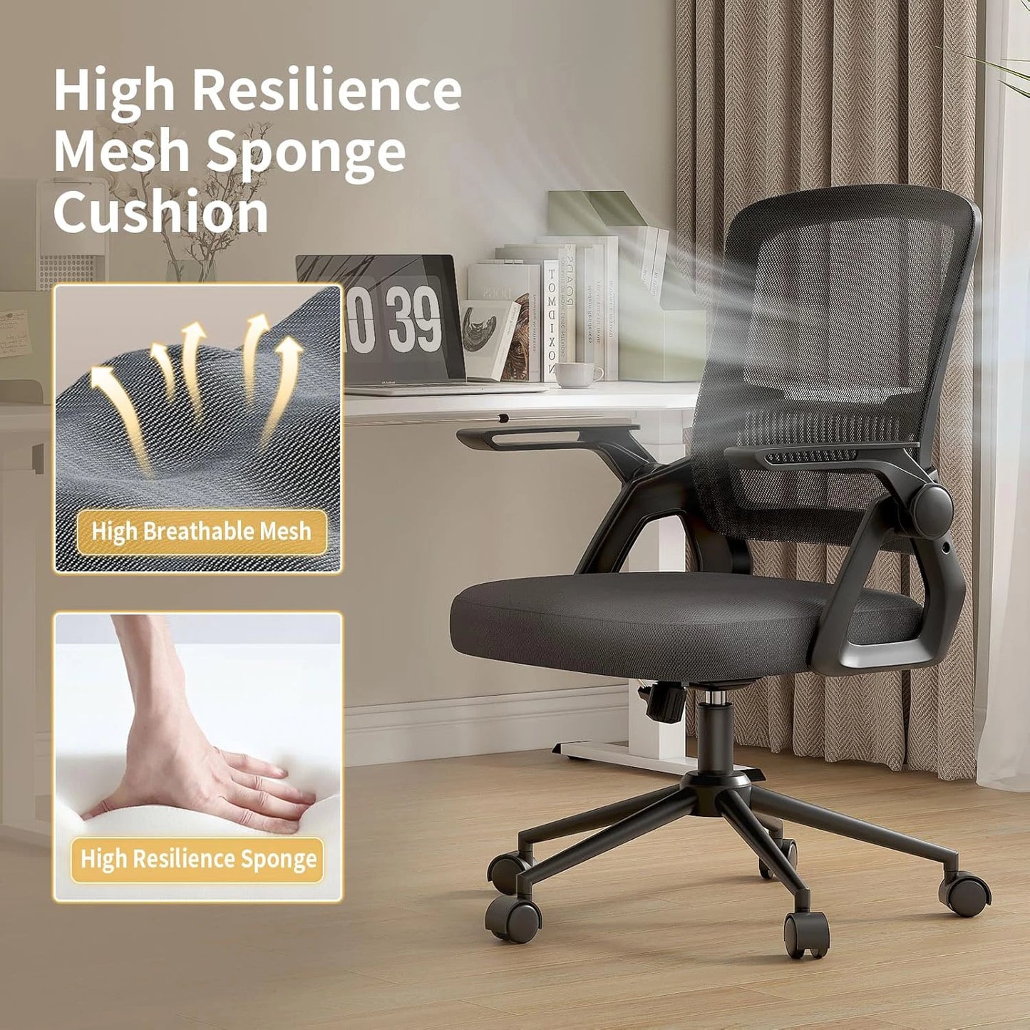 Office Chair Ergonomic Mesh Flip-Up Arms Gaming Chair with Mid Back Cushion Lumbar Support for Home Bedroom Working