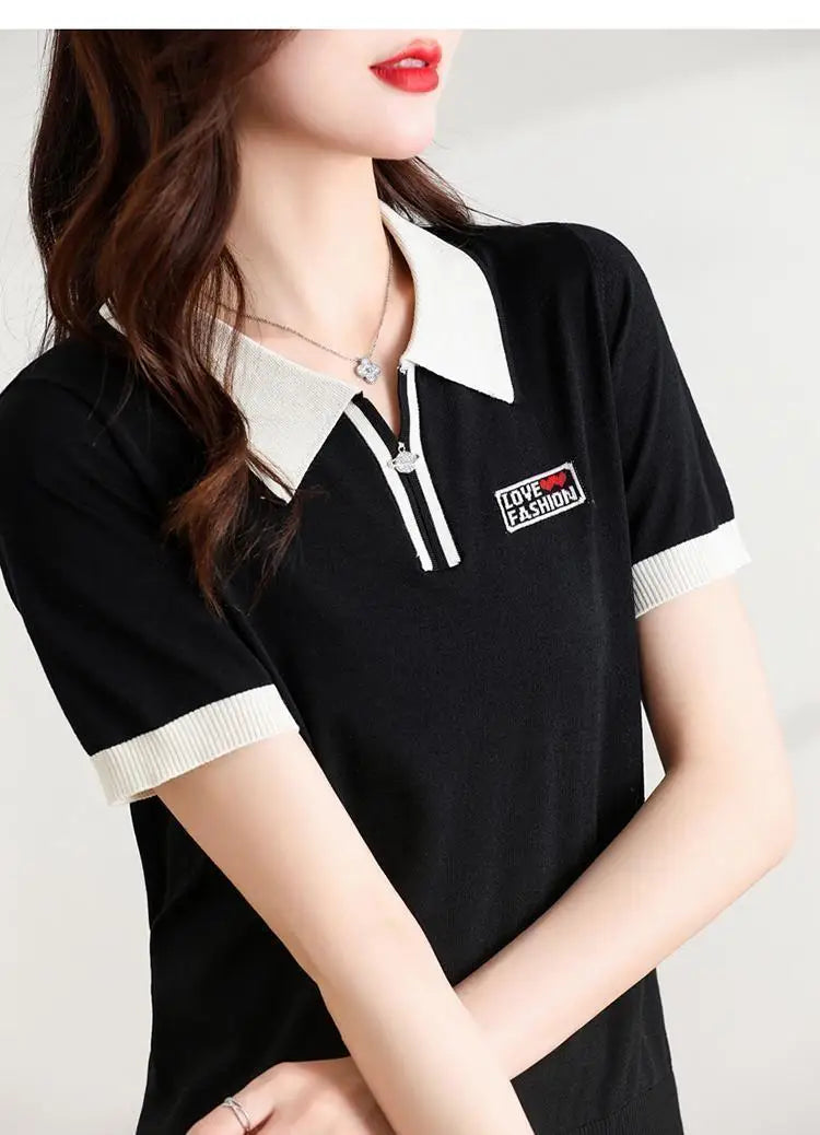Fashionable polo collar middle-aged and elderly women's loose knitwear thin casual short-sleeved T-shirt.