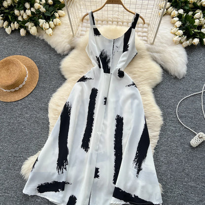 Neue Sommer Druck Süße Kleid Träger O Neck Backless Split Elegante Damen Urlaub Strand Party Midi Sommerkleid