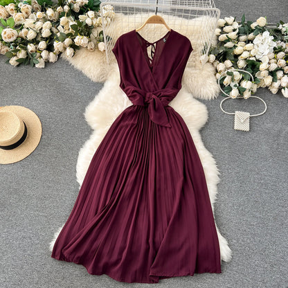 Französisch Vintage elegante Plissee Vneck Kleid A-Linie Mode Chiffon Frühling Herbst ärmellose Vestidos Frauen kleider.