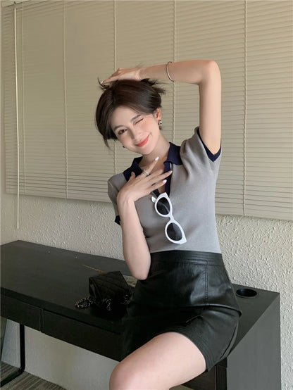 Jielur Spell Color Polo Knitting Women's Blouses Slim Sexy Short Sleeve Summer New Casual Female Blouse Chic Simple Office Lady