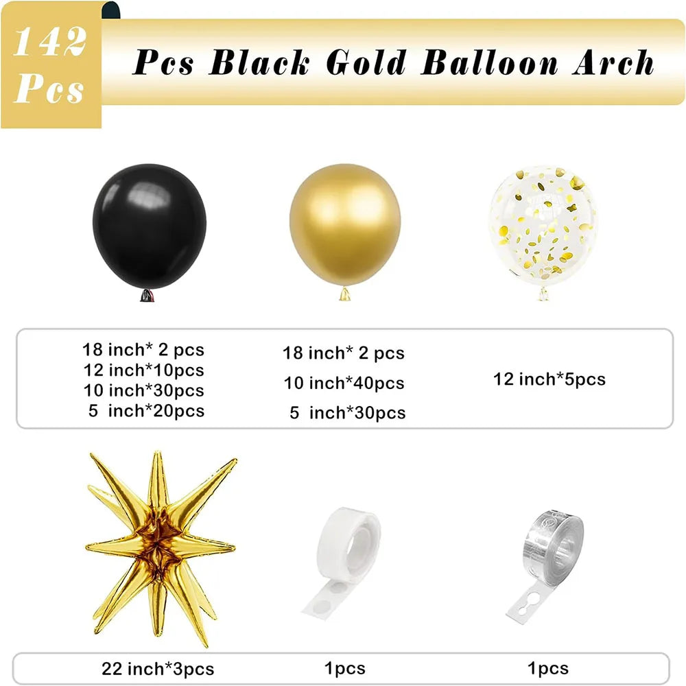 Schwarzes goldenes Ballon-Girlandenbogen-Set, 142 goldene Luftballons, schwarze Luftballons, Geburtstag, Babyparty, Valentinstag, Hochzeit, Geschlecht offenbaren, Party-Dekoration.